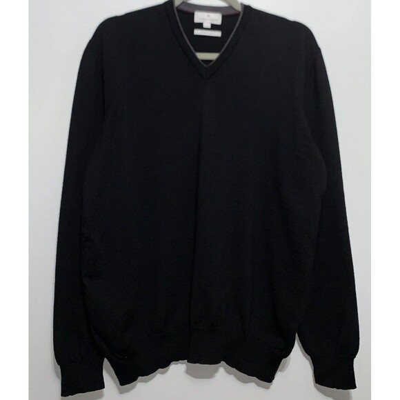 Toscano Firenze Sweater Pullover Mens Large Black 100% Wool Merino Knit V-neck - Picture 1 of 7